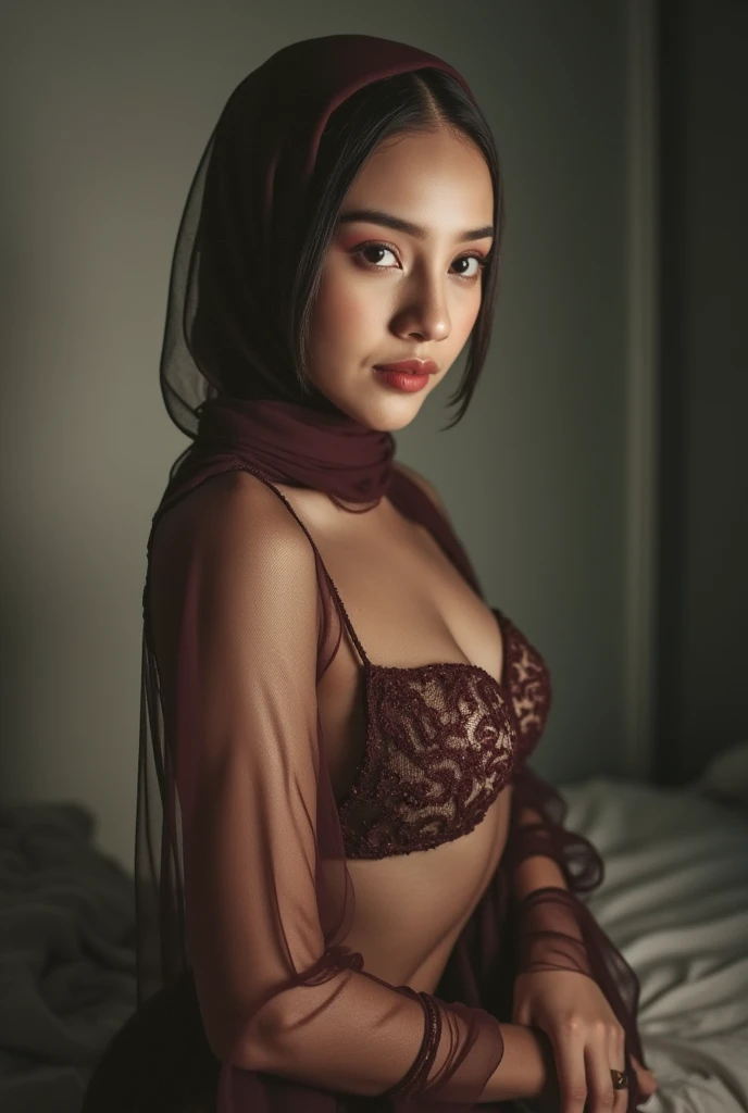1 malay girl , modern plain hijab, shy, medium portrait shot , watery eyes , pink glowing particles, wear pastel pink lingerie,(( big breast)), pink light bokeh background, proportional body,