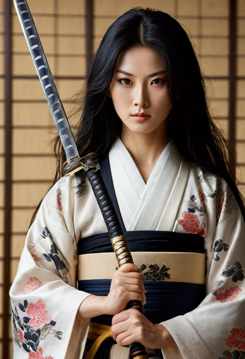 Beauty female samurai, she has long black hair, wearing kimono, armed with a katana, dojo room, detailed body shape, perfect beauty Korean face oval head, holding katana, full body, japanese background artwork, masterpiece, whole body in picture, with katana, detailed finger.