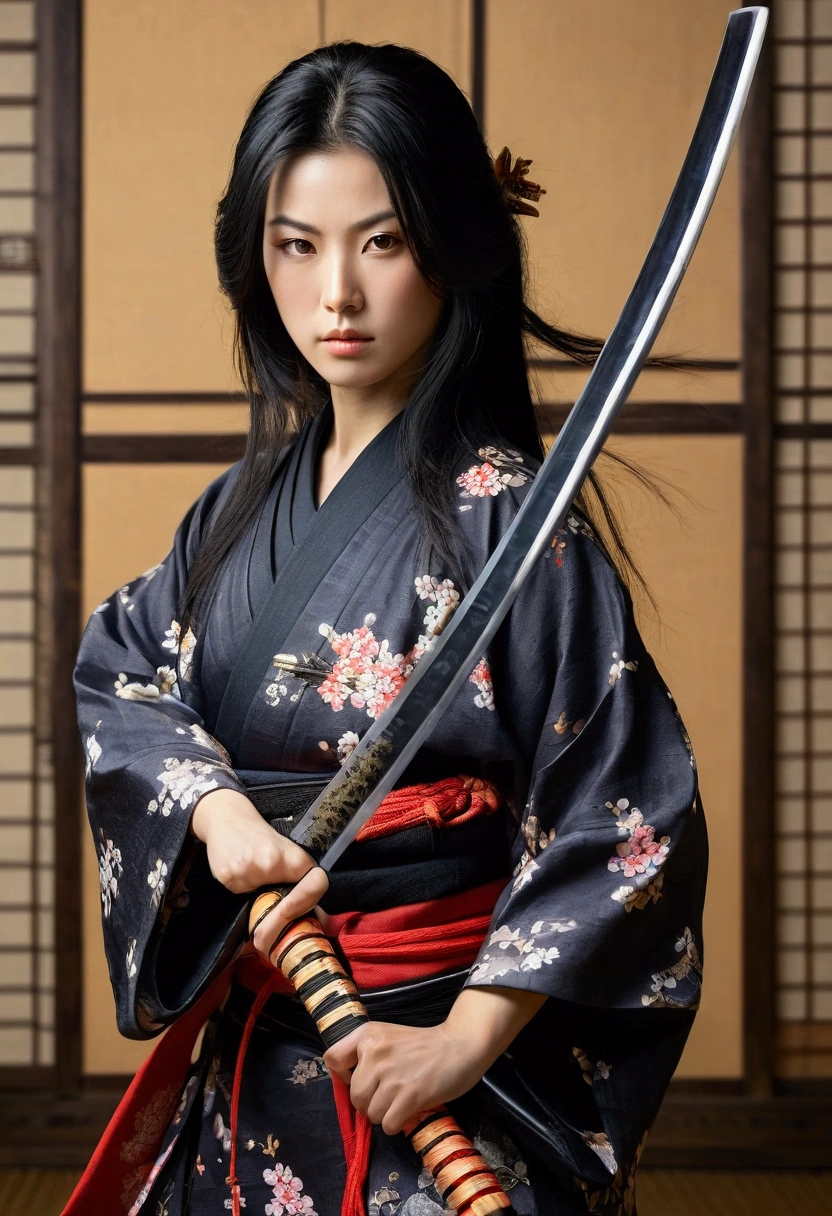 Beauty female samurai, she has long black hair, wearing kimono, armed with a katana, dojo room, detailed body shape, perfect beauty Korean face oval head, holding katana, full body, japanese background artwork, masterpiece, whole body in picture, with katana, detailed finger, cool beautiful face.