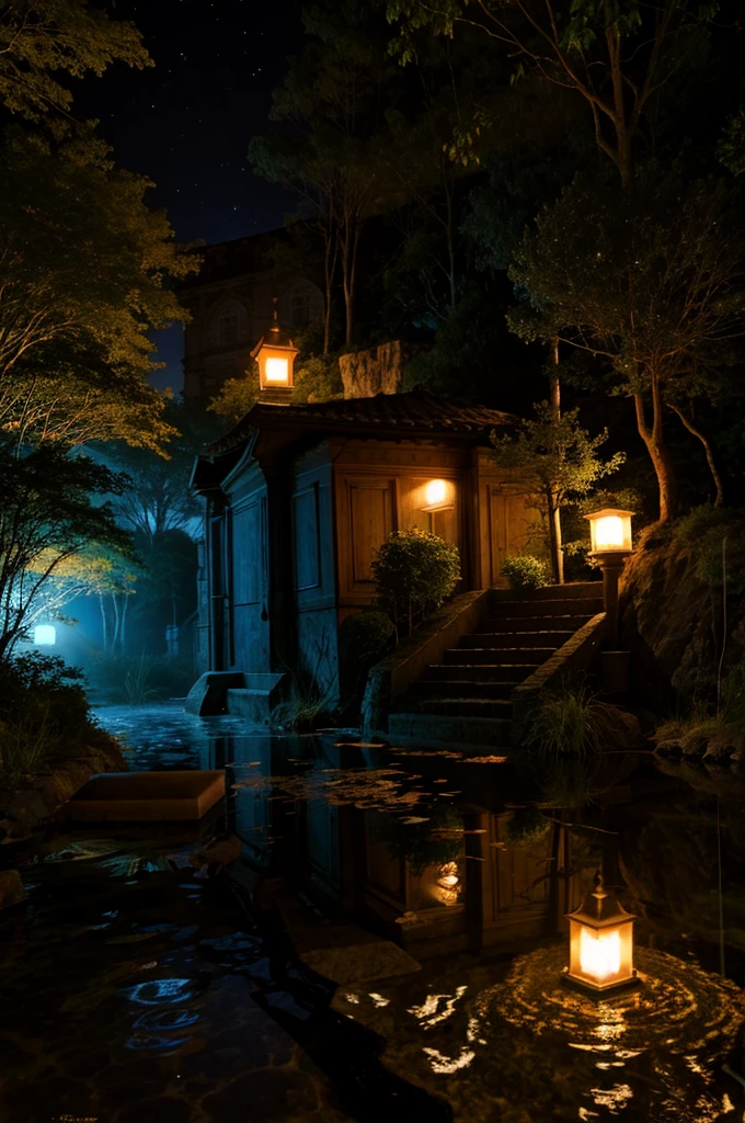Table top role-playing game map,  a village surrounded by dense and mysterious forests , high high quality, Incredible detail and engaging atmosphere.  adding dramatic lighting elements and shadows to add to the immersion of the scene. This path leads to a village 