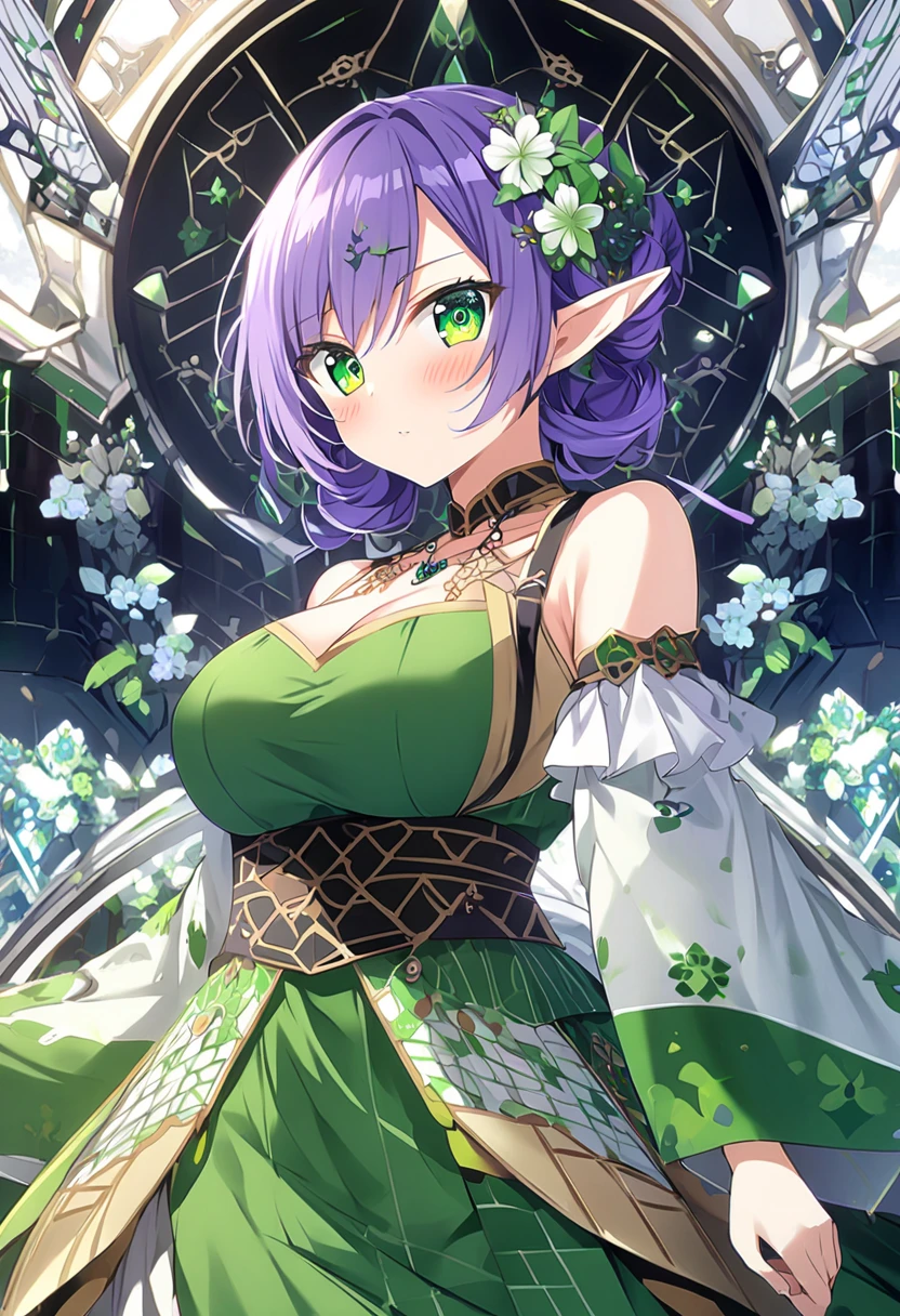 score_9, score_8_up, score_7_up, score_6_up, source_anime,
detailed eyes, eye reflection,
blush, ile,
erai sonokaze,
green eyes, purple hair, pointy ears, elf,
large breasts, tight waist,
hair ornament, flower, hair flower,
necklace, jewelry,
detached sleeves, wide sleeves, long sleeves,
cleavage, green dress,
green skirt, miniskirt,
1girl,
looking back at viewer,