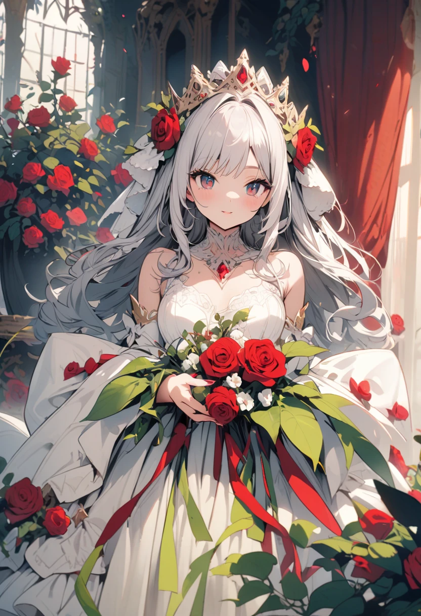princess in white dress with red rose