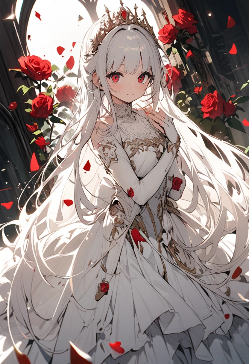 princess in white dress with red rose