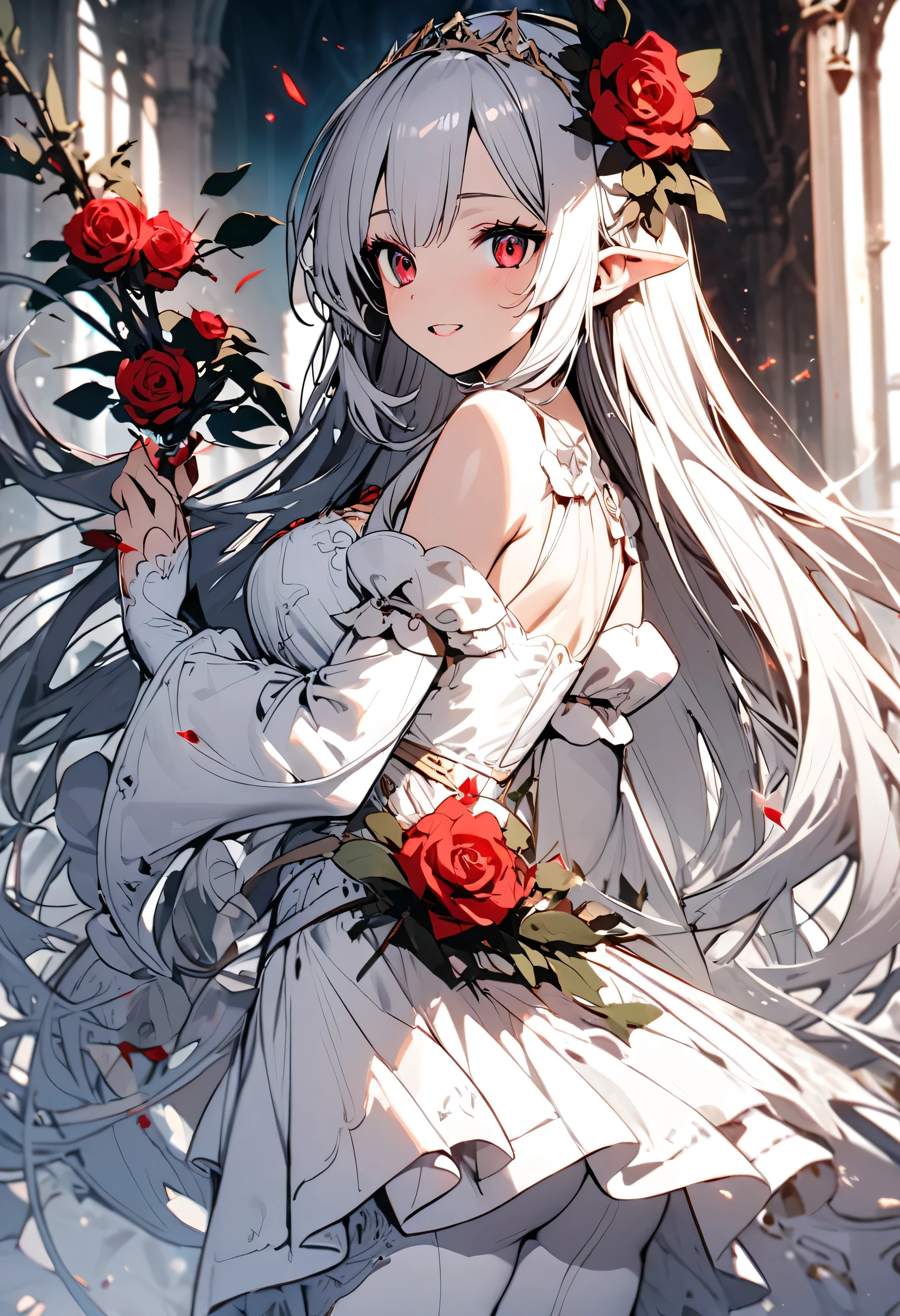princess in white dress with red rose