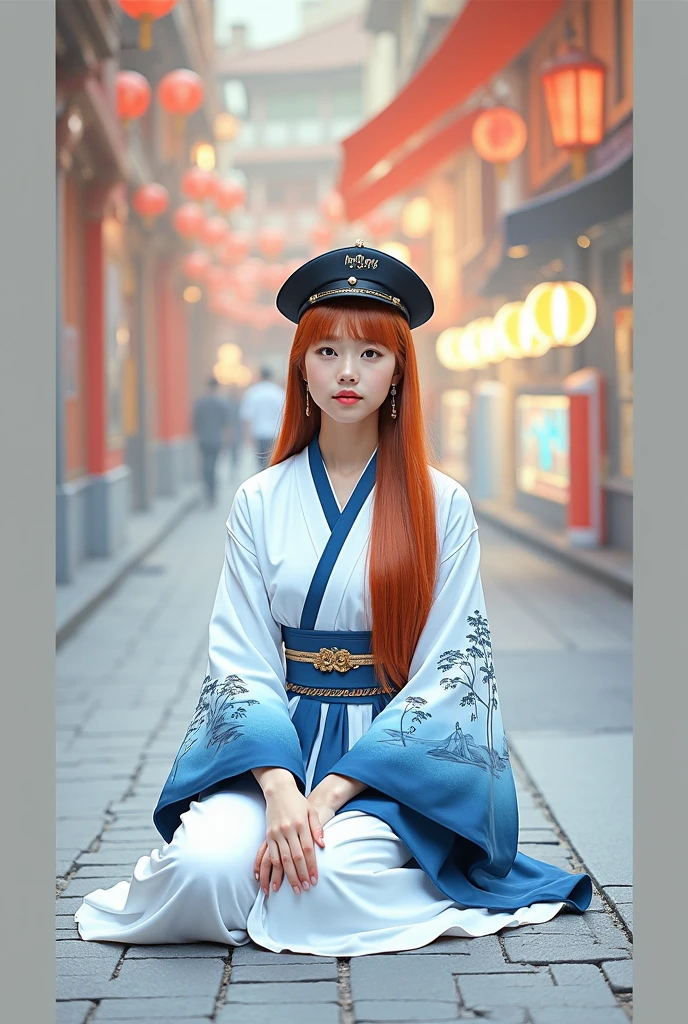  Beautiful Chinese girl , white kukit ,  straight red blonde hair ,  wearing a black hat inscribed  "mr.Tong",  sitting on the roadside with a view of the wall street art ukiyo-e painting wallpaper and buildings 🏢.