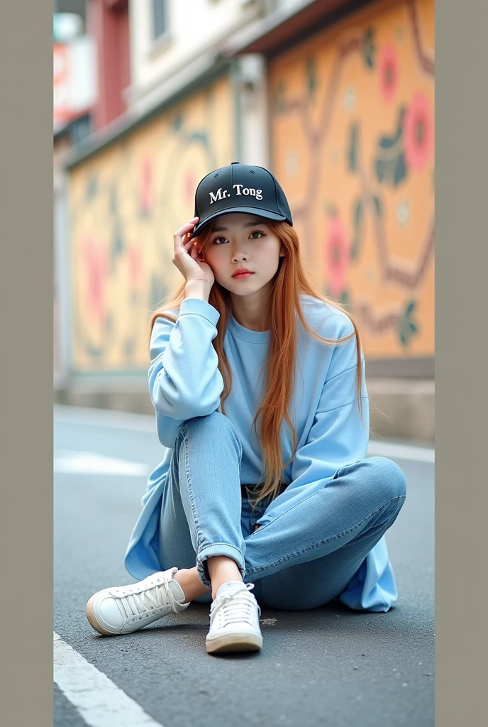 Gadis cantik Tiongkok, kulit putih, rambut blonde merah lurus tergerai, menggunakan topi hitam bertuliskan "Mr.Tong", duduk di pinggir jalan dengan view tembok street art ukiyo-e painting wallpaper dan bangunan 🏢.
High Resolution, Masterpiece, Best Quality, Award Winning, High Quality, Super Detailed, UHD, Wide Shot, 85mm, Canon, Sony FE GM, 