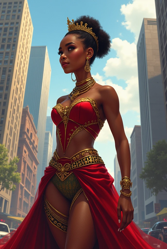 Beautiful black woman dressed in a silk soft dress walking in a rose golden heaven, with iridescent light, highly detailed images, vibrant beautiful colours, photorealistic image, 32k, ultra HD, unreal engine rendered, cinematic lighting, artgerm style, --auto --s2