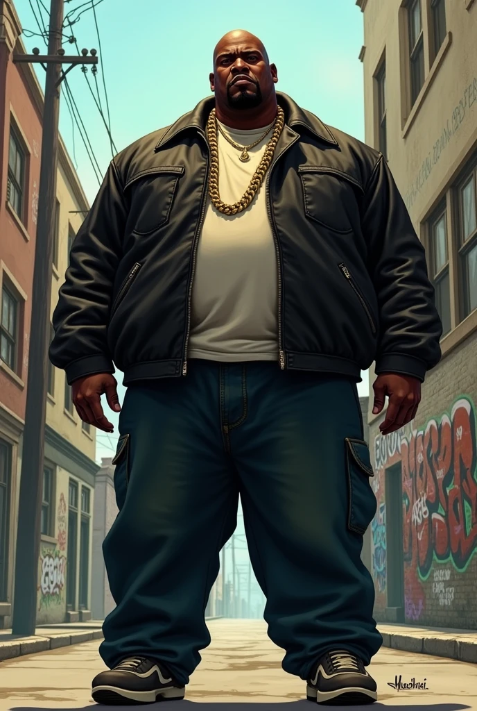 Fat black man, gangster, cigar in mouth, angry, gang clothes, gang squard with him, shootout, dreadlocks, gun fight, guns, gang cars in background, suburban neibourhood setting (natural skin texture, hyperrealism, soft light, sharp), night time, street light illumination, full body shot, gang, gang war