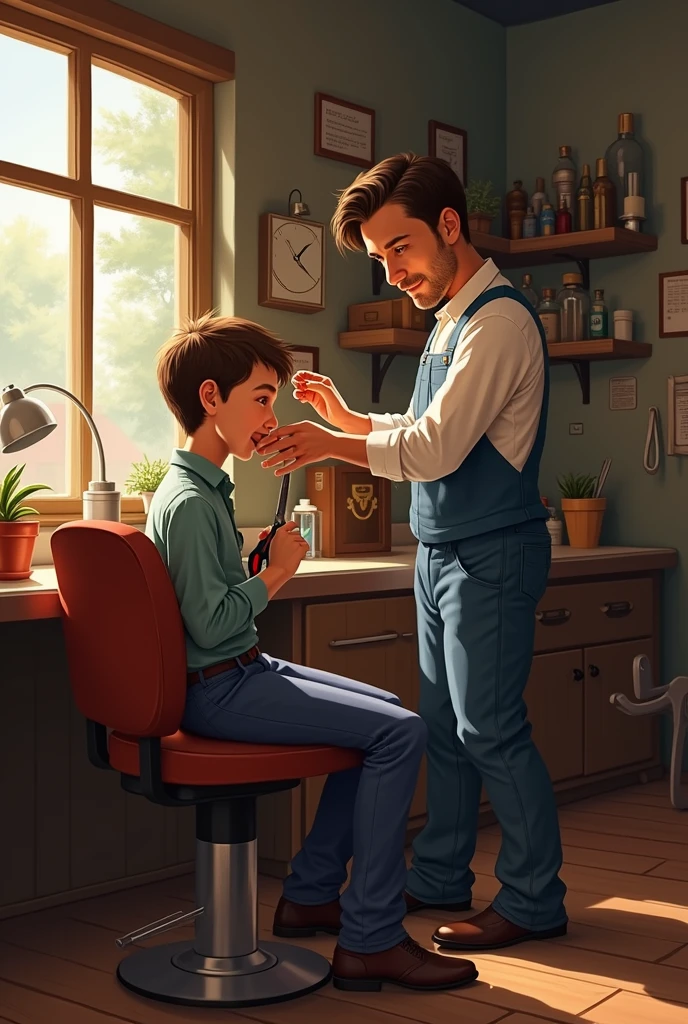 Barber giving haircut to autistic child at home