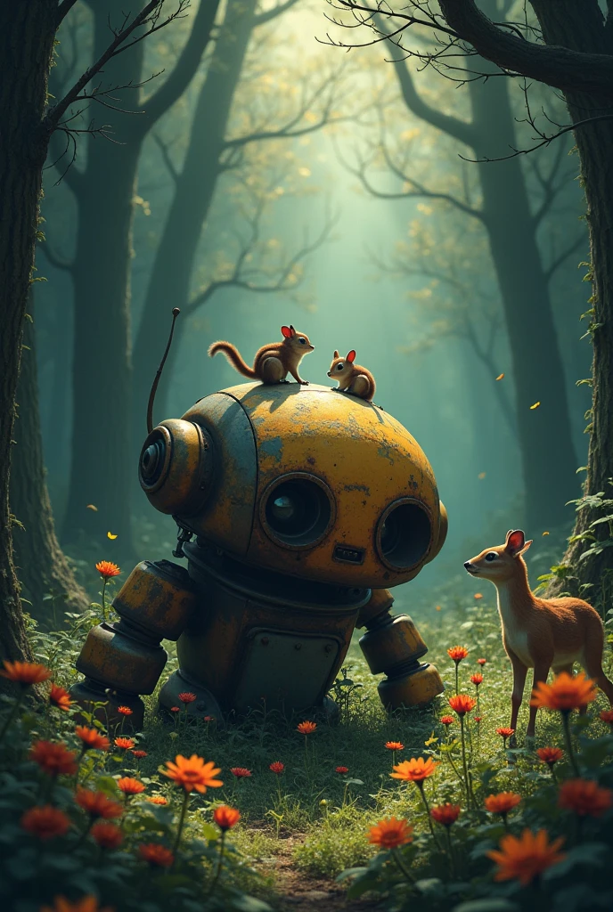 とてもdark森, dark, dark, In the dense forest, A ray of light, Broken Robot,  lies down:1.3,  only light hits robots, A ray of light, Rusty robot, Flowers blooming all around :1.3, Flowers surrounding it ,  chipmunks ride on top , Fawn,, Watching,  fantasy atmosphere , (((UHD, masterpiece, high details, best quality,  highres icon, high quality, high details, super detail)))