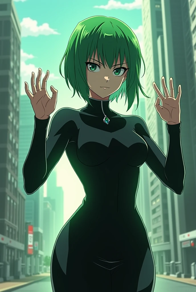 tatsumaki de um homem de soco, cabelo verde curto, olhos verdes, peito pequeno, vestindo vestido preto de gola V, talons, whole body view, Standing in a destroyed city, dynamic pose, pernas musculosa, cintura fina, musculo na barriga,  grande, eye reflection, glowing eyes, glowing eyes, sulking, anime, Minimalism, anime style, ray tracing, cinematic lighting, cinematic lighting, sparkle, sparkle, jpeg artifacts, glowing light, god rays, ray tracing, drop shadow, panorama, Sony FE, UHD, masterpiece, ccurate, ccurate, anatomically correct, super detail, high quality, best quality, highres, 16k