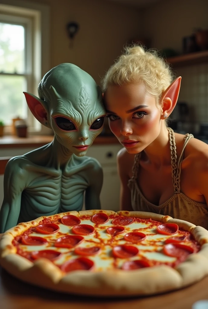 male aliens head with hair and scales mucous with wrinkles gray brown green blue eyes bulging look of terror pointed nose of aliens thin muscular body tall aliens mucous with 4 humanoid women beautiful blonde head blue eyes slender sitting the 2 drinking a bottled beer in a restaurant in Miami United States sitting 
