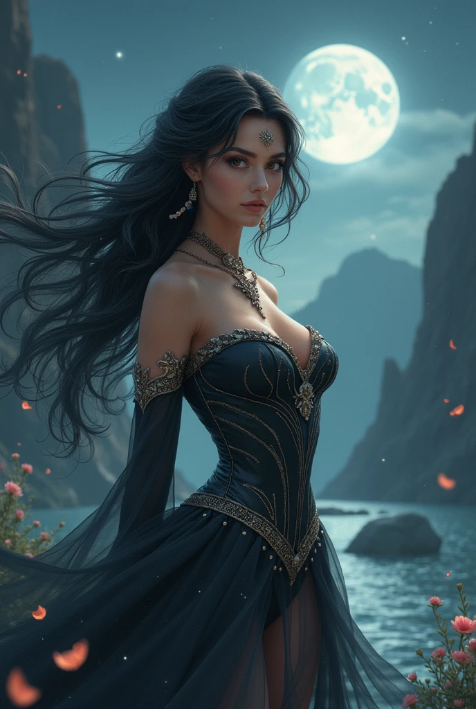 (Extreme HDR) (brightness FX) Photo of an asian woman gigantic Breast 'white skin' with long hair flowing in the wind, wearing a black batik patterned costume, a V-cut strapless corset style batik dress made of carbon patterned satin, a very narrow and stiff V-cut waist decorated with blue jewels, a luxurious long skirt, looks beautiful and stunning, very realistic and detailed, with a royal palace in the background, sitting on a boat, behind it is a blue moon. hyper realistic, hyper detail clothing, Detailed gemstones, masterpiece, best quality:1.2),,(8k,highres,RAW photo,realistic,photo-realistic:1.3),(detailed skin texture,detailed cloth texture, beautiful detailed face:1.25),professional lighting,photon mapping,beautiful soft light,radiosity,physically-based rendering,raytracing, model shoot style, model shoot style, (extremely detailed CG unity 8k wallpaper), full shot body photo of the most beautiful artwork in the world (NSFW), (Nude), (Naked), (carbon fiber corset) (green veiny breast) (steampunk corset) (glowing dress) (blue moon) (cloud)