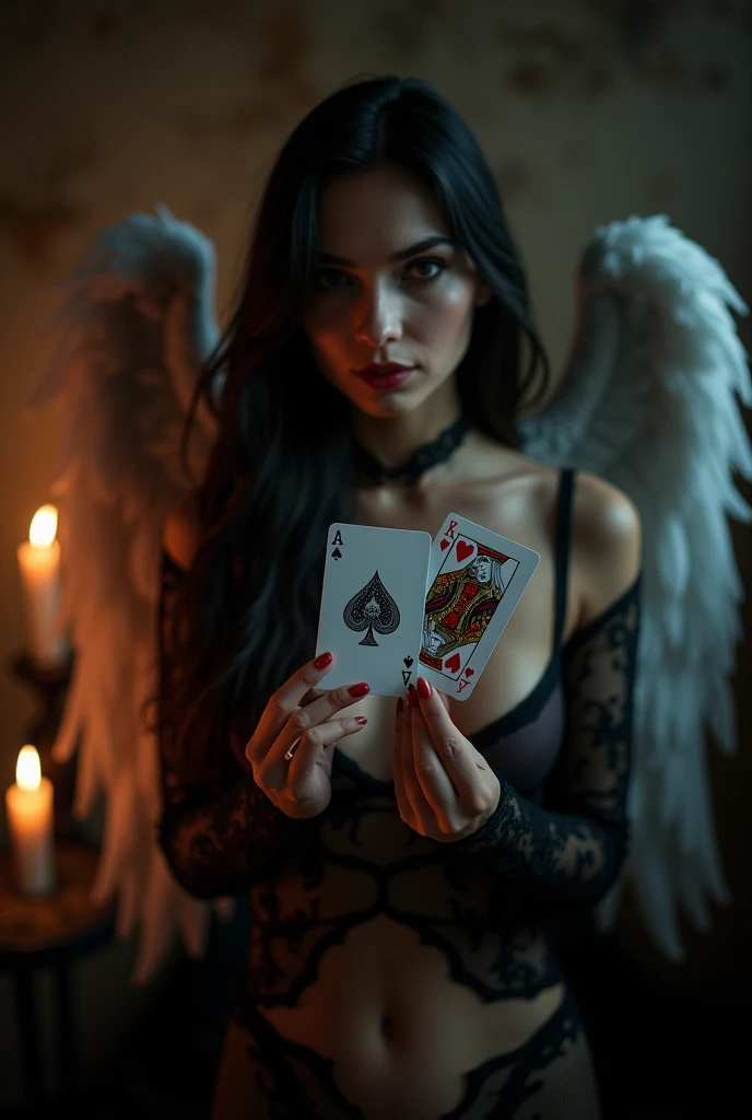 an angel and w demon playing a poker game of cards, a female angel wearing intricate dress glam dress, dynamic color dress, pale skin, best details beautiful face ,dynamic hair color, busty, small cleavage, halo, long hair wavy hair, white angelic wings, BREAK, a female demon ((red skin: 1.5)), black demonic wings, black demon horns, ,dynamic hair color, busty, small cleavage, red eyes, best details beautiful face, wearing a intricate dress glam dress, high heels, sitting and playing poker on a cloud, dynamic lightning, heaven background, vibrant, Ultra-high resolution, High Contrast, (masterpiece:1.5), highest quality, Best aesthetics), best details, best quality, highres, ultra wide angle, 16k, [ultra detailed], masterpiece, best quality, (extremely detailed), 