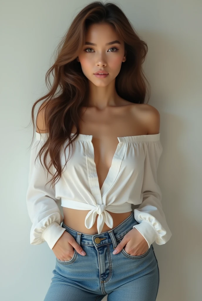 The image is a high-resolution photograph featuring a young Asian woman with a slender, physique. She has long, wavy, light brown hair that cascades past her shoulders. Her skin is fair and smooth, with a natural, healthy glow. Her facial features are delicate and symmetrical, with large, expressive eyes, arched eyebrows, and a small, delicate nose. She has full, slightly parted lips painted in a soft pink shade.
She is wearing a loose, cream-colored, long-sleeved top made of a soft, slightly sheer fabric that drapes over her upper body. The top has a relaxed fit and slightly puffy sleeves. She is also wearing black bikini bottoms that are tied at the sides with thin, black strings, accentuating her small waist and flat stomach.
The background shows a wooden structure, likely part of a deck or outdoor furniture, with a warm, natural wood grain and a smooth texture. The lighting is soft and natural, suggesting it is taken outdoors during daylight. The setting appears to be a serene, possibly coastal area, with the wooden structure partially obscuring a view of the surroundings. The overall mood of the image is relaxed and intimate.