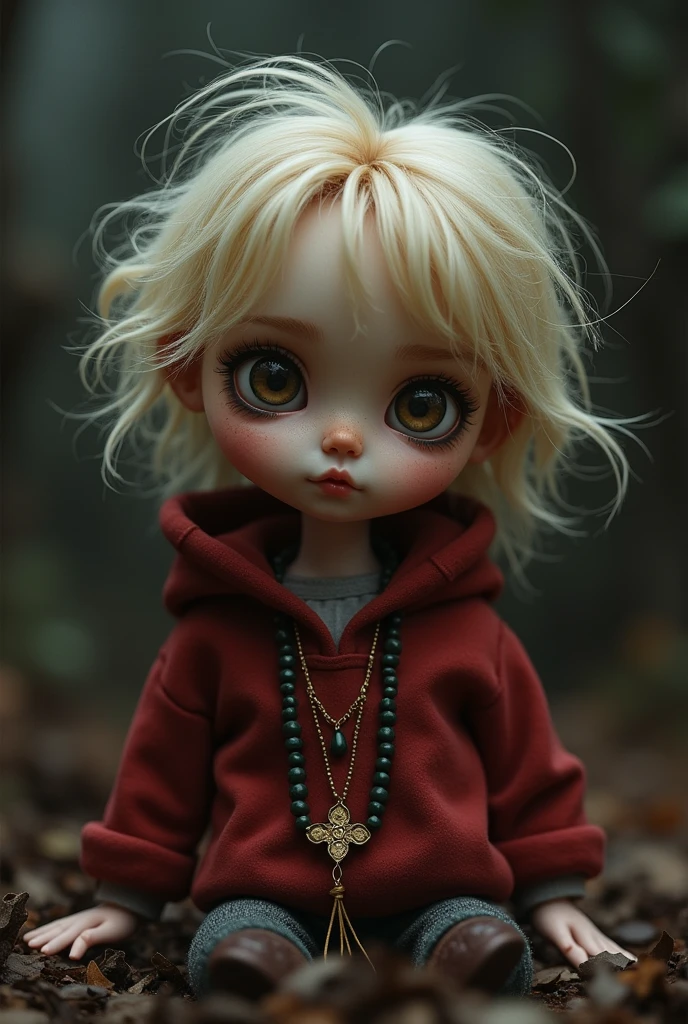 Blythe doll boy copper hair, brown eyes, pentagram necklace, black shirt
