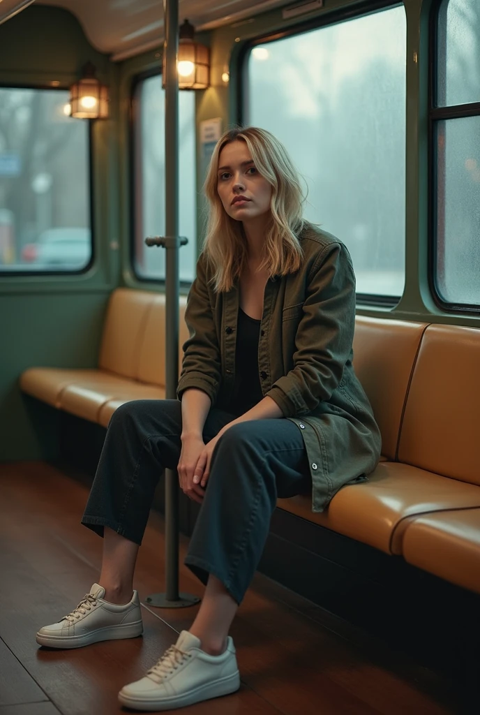 self confident young woman with short blond hair sitting in the train with ear plugs and coat