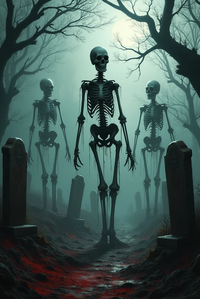 There are three skeletons standing in a cemetery at night, esqueletos ressuscitando dos mortos, atmosfera assustadora e assustadora, Dark cemetery scene, Esqueletos, graveyard background, todos os esqueletos, ( ( ( Esqueleto ) ) ), Atmosfera de Halloween, graveyard, ossos brilhantes, graveyard landscape at night, with a skeleton army, atmosfera assustadora, graveyard tombstones, skeleton corpse