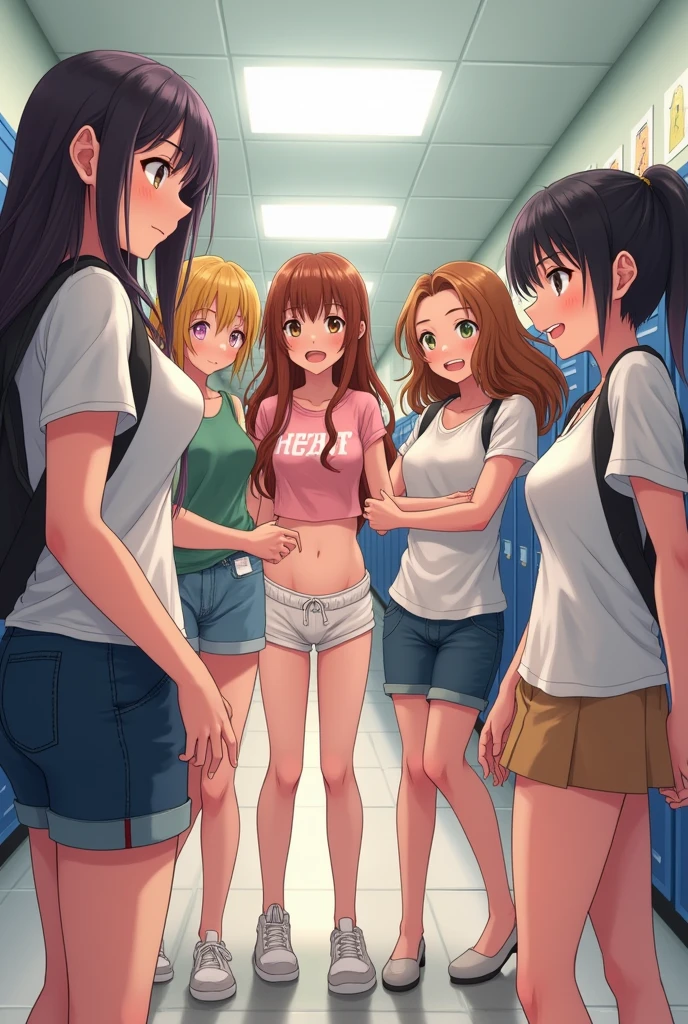 (master piece, high quality), (multiple girls), 14, Female student, locker room, (white panties), school shirt, (group selfie), wide angle, soft light,
