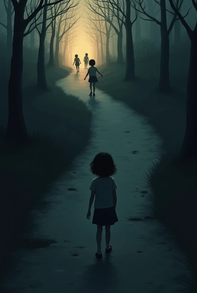 Silhouette of children running away in a dark forest