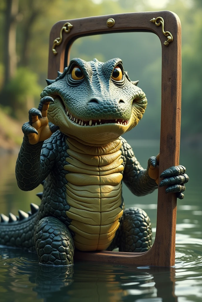 A crocodile taking a cellfy in front of a realistic mirror