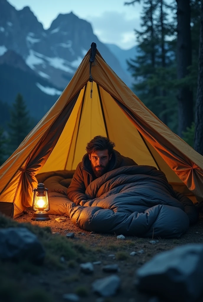 Draw a Korean man sleeping in a tent