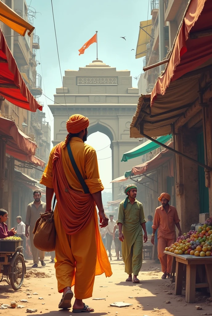 Create a heartwarming and peaceful scene that symbolizes the unity between Hindu and Muslim communities in Bangladesh. The setting should be a village market square during the day, where people from both communities are interacting harmoniously.
Center Focus: A small tea stall with a few people sitting together. The stall has an old wooden bench where a Muslim man with a traditional prayer cap and a Hindu man with a tilak on his forehead share a cup of tea and a friendly conversation.
Background: In the background, depict a Muslim family buying sweets from a shop labeled "Misti Bhandar," while a Hindu family walks by a mosque nearby. The mosque and a temple should be visible in the same area, symbolizing coexistence.
Details: Include a rickshaw passing by with a driver and passenger, one Hindu and the other Muslim, smiling and exchanging greetings. Children of different religions are seen playing together, emphasizing the harmony.
Environment: The environment should feel warm and inviting, with natural elements like trees, and the sky should be bright with a few clouds. The colors should be vibrant, reflecting the joyful and peaceful atmosphere of the scene.