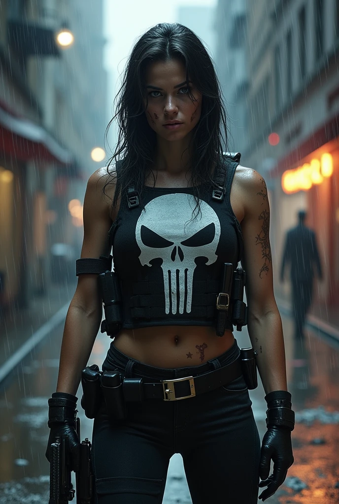 The Punisher, dirty skin, gunatyou, gun, (((aiming at viewer))), holding gun, to8contrast style, bad face, flirting, (((full body visible))), portrait, photography, detailed skin, realistic, photo-realistic, 8k, highly detailed, full length frame, High detail RAW color art, diffused soft lighting, sharp focus, hyperrealism, cinematic lighting, datailed background