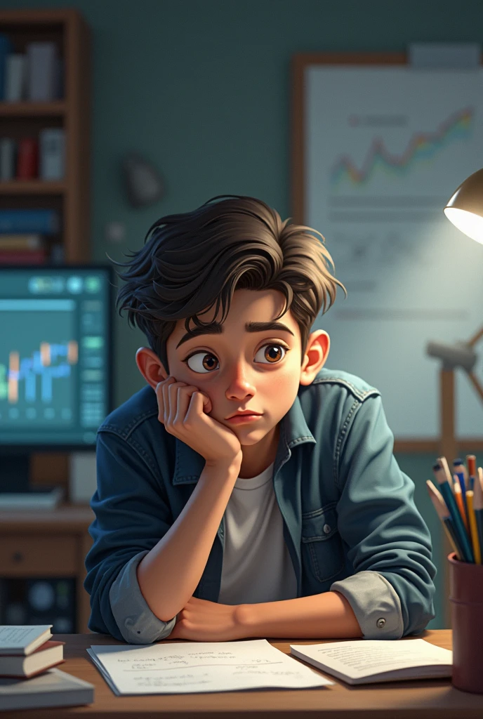 Generate, A boy sitting on a chair. He's wearing a t-shirt which is named NASA. On his table there is a white telescope. On his room wall we can see crystal clearly that there is poster named as Psychology. He is looking at a rough sheet and writing a mathematical concept.
