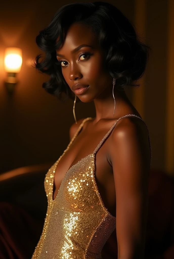 beautiful African woman, short ((golden)) dress that seems to flow like honey, dark skin