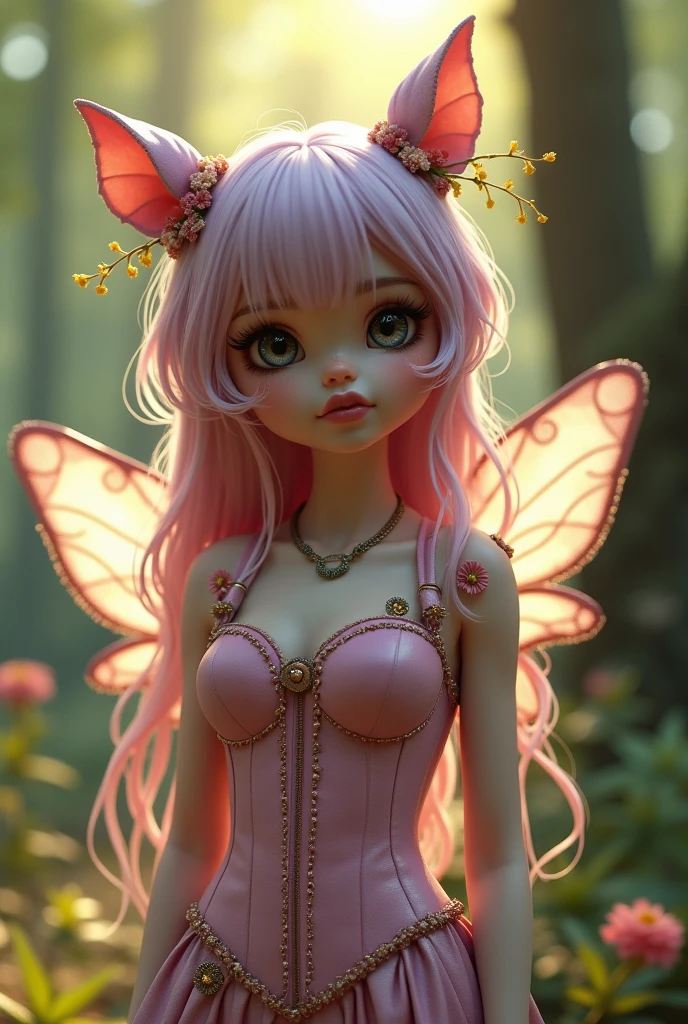 A beautiful woman with wings Pink Hair Long, blunt hair
Yellow, large eyes uniform Fairy ears Real