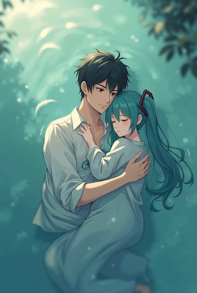 Men and women, hugging, green expressions, by the lake