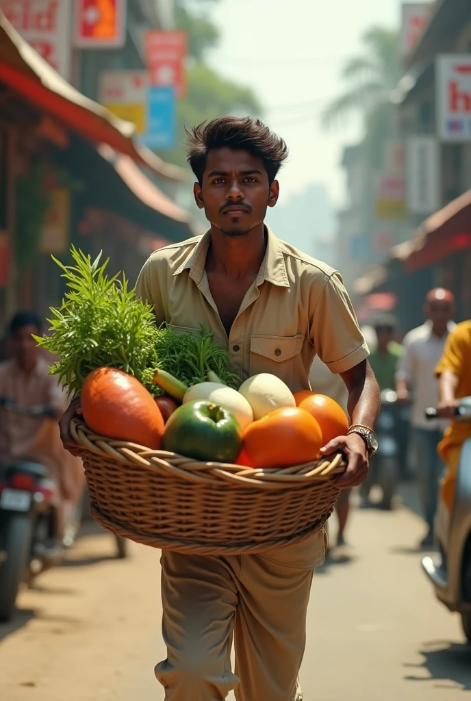 A Indian poor man his making a tractor out of the vegetable on road people are watching