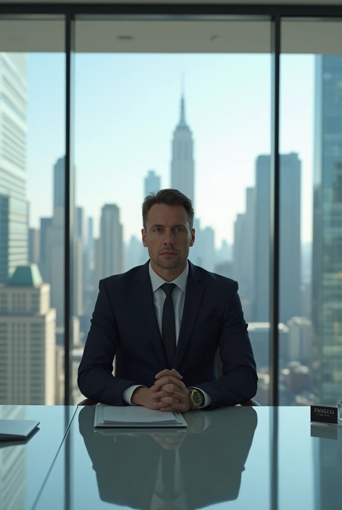 Visualize a Young Business Executive, com cerca de trinta anos, Standing in front of an audience in a modern, well-lit meeting room. He wears an elegant suit and a flawless tie, transmitindo uma imagem profissional. Your hair is perfectly combed, And he exudes confidence. Com uma postura ereta, It uses a laser pointer to highlight graphs and numbers on a large projection panel behind it. His speech is clear and convincing, And he keeps the interest of everyone in the room with his engaging and charismatic presentation