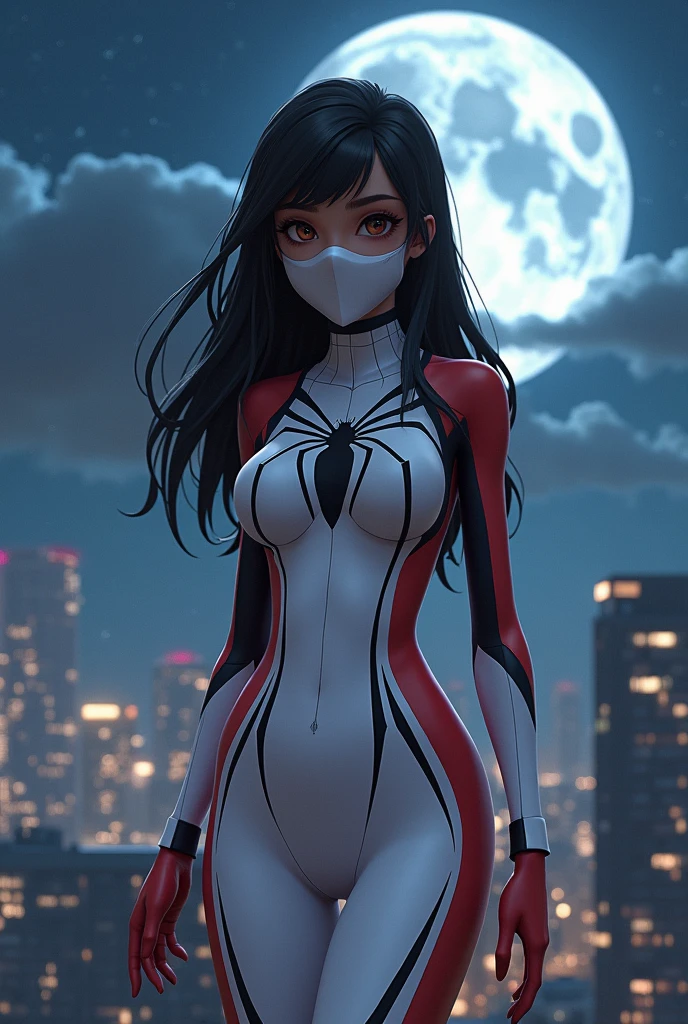 A Brazilian girl with dark brown skin color similar to the sunset, long black hair with a purple streak on the side and half of the hair bangs, a fringe covering half of the forehead, dark brown eyes shining in the night sky of a brightly lit city, body with pronounced curves, thin face with big cheeks and a sweet and cute look, wearing the Spider-Woman costume *SILK* white with web patterns covering the entire suit and a spider symbol on the chest, and a white mask with a web pattern covering his entire mouth, hanging from the top of a building looking for bandits to stop, standing next to a cloud-covered full moon