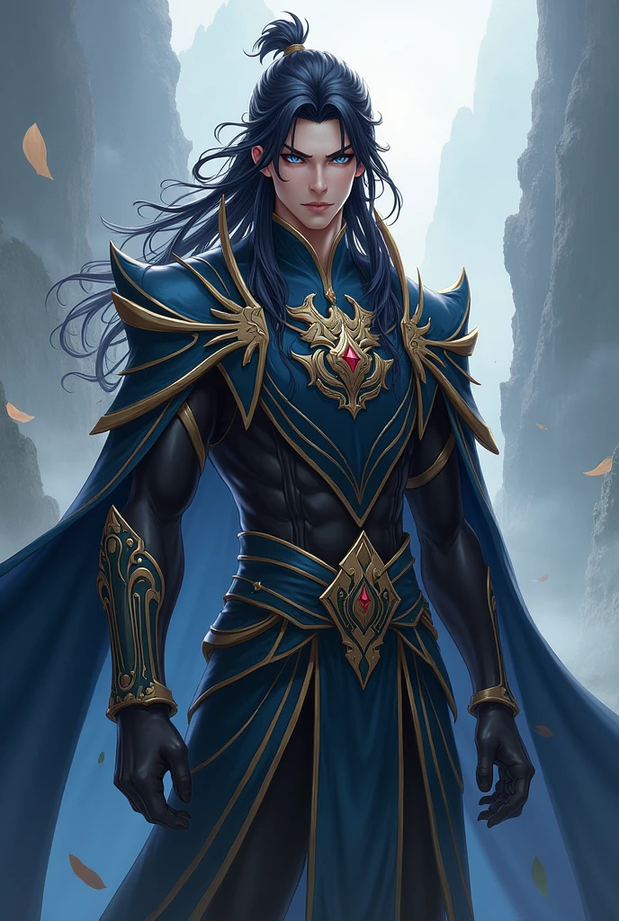 1 dark-skinned Haitian male astral fighter with long braided hair with blue highlights with an athletic build, slim low-profile two-tone black-and-blue jewel encrusted "Wolf & beetle inspired" superhero armor, dark anti hero, bloody pacifist, absurdres, high resolution, ultrasharp, 8k, masterpiece