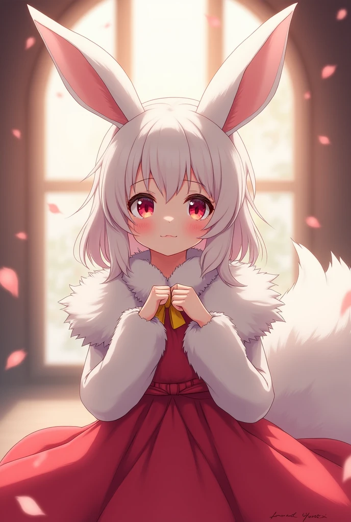 1girl, rabbit girl, (furry, kemono:1.5), white fur, rabbit ears, animal ears, anime style, red dress,