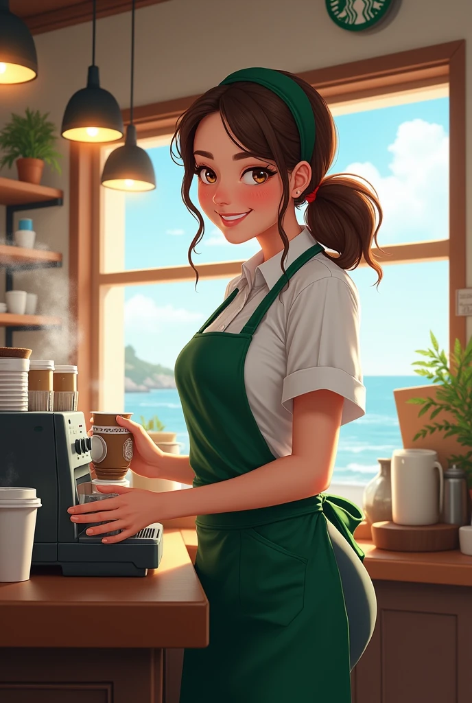 Art Masterpiece, NSFW, charming brunette girl beautiful and very defined face blue eyes smooth skin slender body extra big tits in a cafe, great engineering and development details, barista overall apron only, starbucks logo in delano