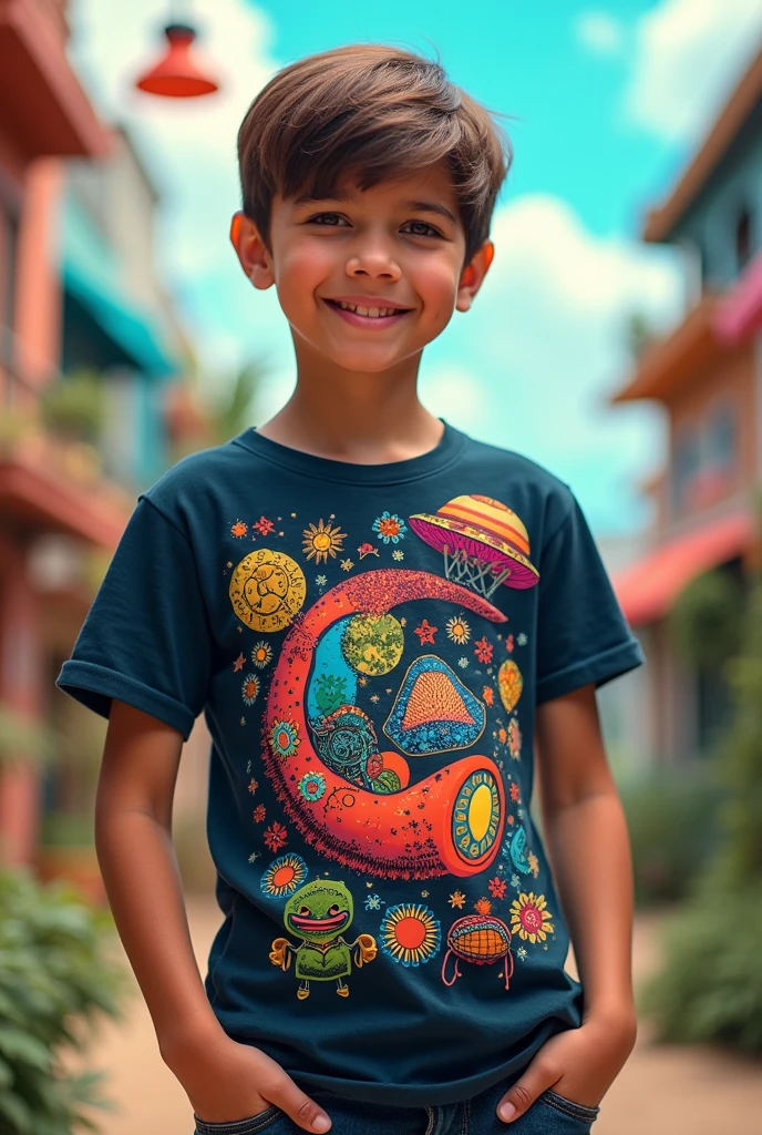 Create an image of a young boy standing confidently in front of a sleek, modern car. He is wearing a vibrant, eye-catching t-shirt with a divinewritten on it
, featuring stars, planets, or other cosmic elements. The setting is outdoors, with a clear sky and soft, natural lighting that highlights both the boy's expression of pride and the car's polished exterior."