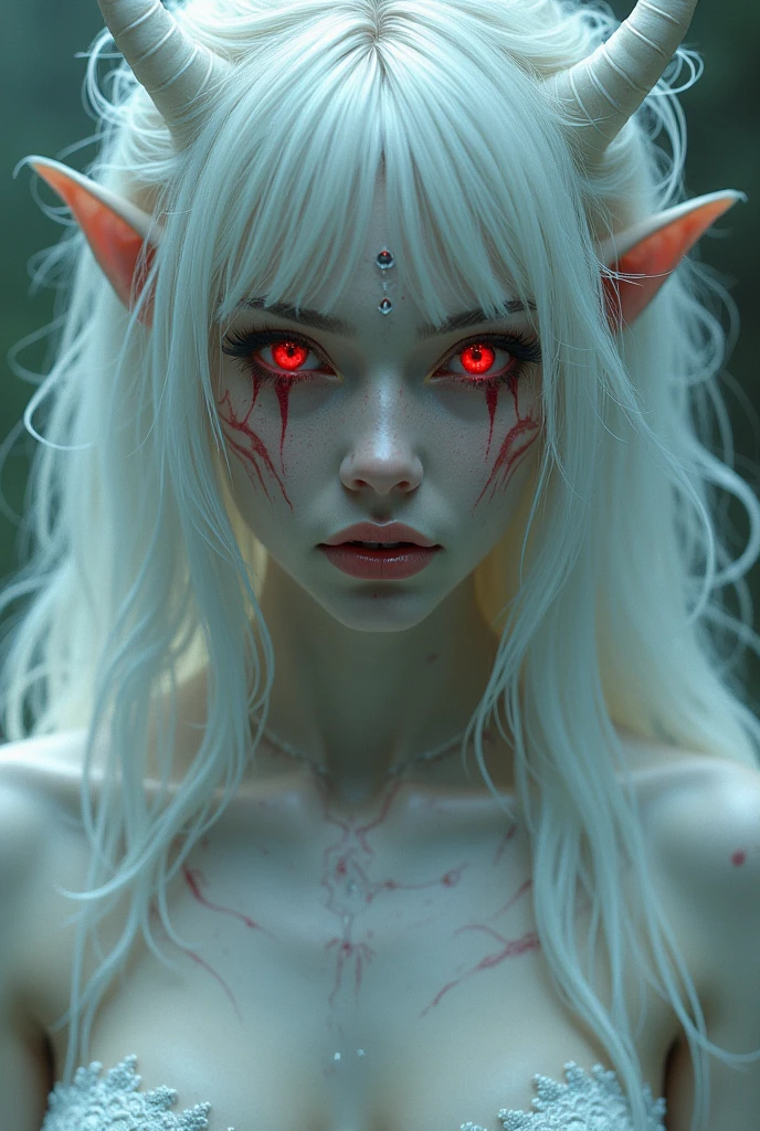 One Girl, Appearance Succubus, Lustful looks, Long White Hair, Red Heart Eyes, Looking Obsessed, Crazy Obsessive looks