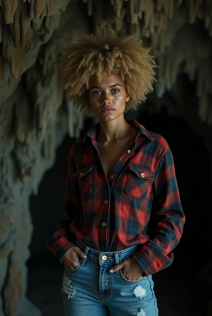 Photographie d&#39;une femme métisse, (expression faciale troublée), peau texturée, chair de poule, cheveux afro blonds, cheveux atacher, chemise en flanelle à carreaux avec un jean boyfriend vieilli, tir de cow-boy, grotte sombre et mystérieuse avec des formations rocheuses 
uniques et des merveilles cachées, yeux parfaits, (Aux chandelles, clair-obscur), Support 160 couleurs, tourné sur ARRI ALEXA 65, bokeh, mise au point nette sur le sujet, tourné par Don McCullin et