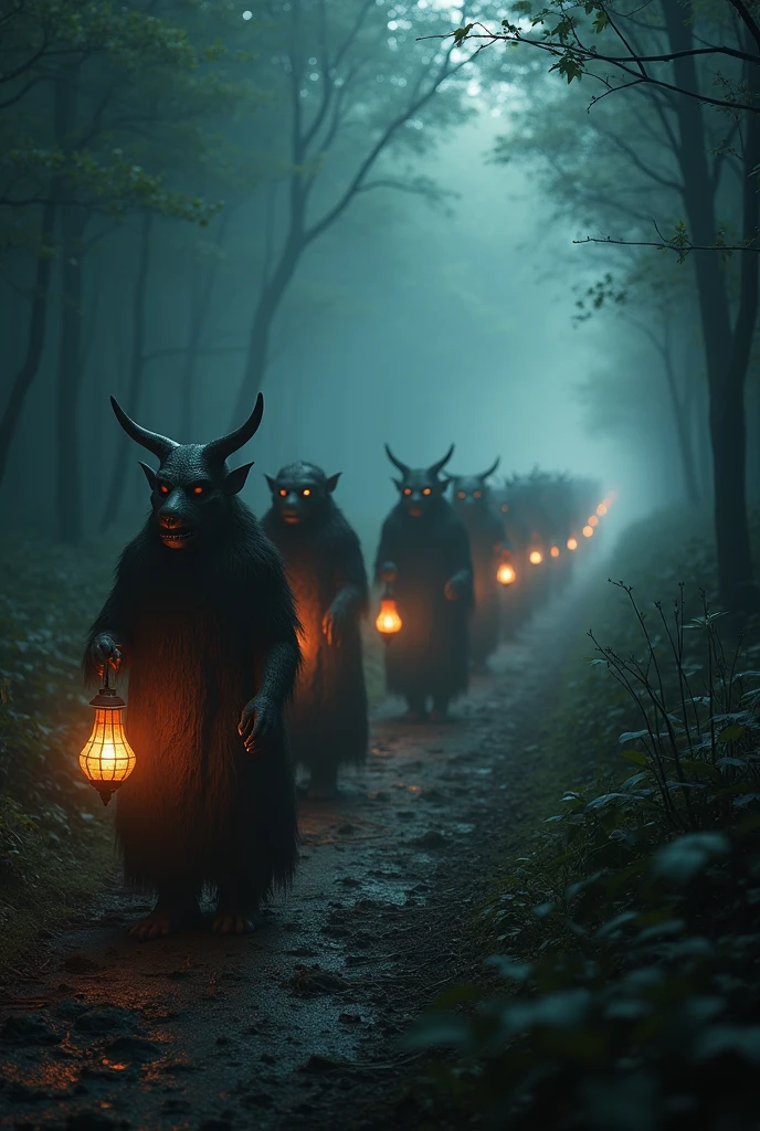 A group of mysterious monsters from the misty forest, western monsters and eastern yokai walking in a line towards the viewer, holding lamps and lanterns that cast an eerie glow, a procession inspired by the Japanese Hyakki Yagyō, with detailed descriptions only where the light shines, silhouette-based human figures, cinematic lighting, moody atmosphere, highly detailed textures and materials, high resolution, photorealistic, masterpiece