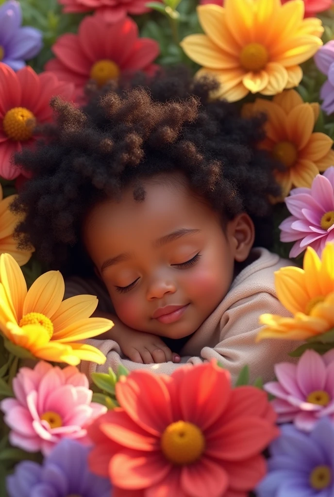 .Une fille métisse qui dort en souriant sur un lit de fleurs colorées. L'image est très printanière. 