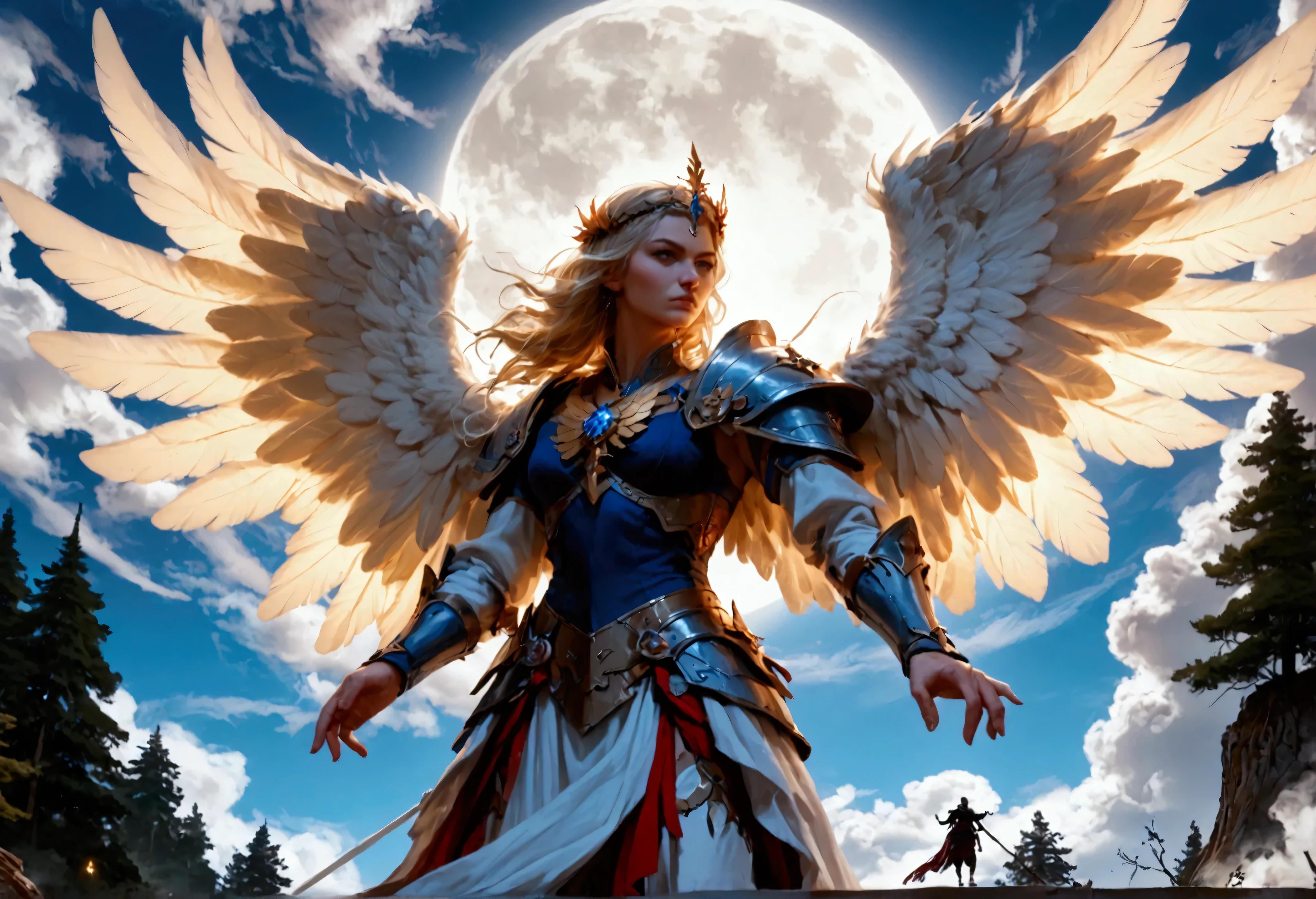 score_9, score_8_up, score_7, an epic fantasy art portrait of aasimar, female, paladin ready for battle under the full moon, holy warrior, spread large feathered wings, majestic wings, white angelic wings spread (Masterpiece, intense details: 1.5), moon light, moon, stars, clouds, holy symbol, armed with a divine sword, wearing holy armor, dynamic hair color, dynamic hair style, dynamic skin complexion, dark fantasy (forest background: 1.3), many trees, under the moonlight, some stars in the sky, some clouds, moon rays, determined face, god rays, cinematic lighting, glowing light, silhouette, from outside, photorealism, panoramic view (Masterpiece 1.3, intense details) , Wide-Angle, Ultra-Wide Angle, 16k, highres, best quality, high details, 16K, ultra detailed, masterpiece, best quality, (extremely detailed), arafed, dnd art, portrait, full body, magical sky, cloud, sky, hkstyle