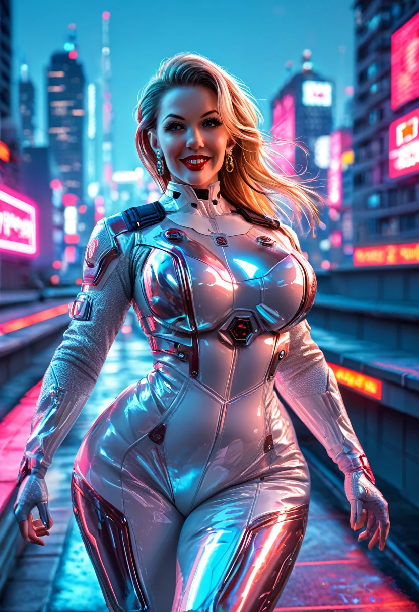  score_9, score_8_up, score_7_up , a mesmerizing,, european girl, holding big weapon, long hair, dynamic action pose, 1girl, blonde hair,, futuristic combat suit, white-gold two tones armor, combat suit, elbow gloves, full armor, sexy curves, red lipstick, chubby woman, (wide hips:1.5). mature female, brown eyes, earrings, mature female, neon-lit cityscape, high-tech aesthetics, reflective surfaces, night-time urban setting, vibrant color palette, dynamic action pose, cyberpunk city background, skyscrapers background, (((on a rooftop))), explotions on background, eyelashes, large breasts, combat suit, (perfect eyes). perfect teeth, (perfect fingers), red lips, ((big hips)), (hourglass body), (wide hips:1.5), ,earrings, Perfect Hands, hourglass body shape, ((blurry background)), (perfect eyes), 4K,good quality,ultra detailed,more detail XL,FuturEvoLab-lora-mecha,