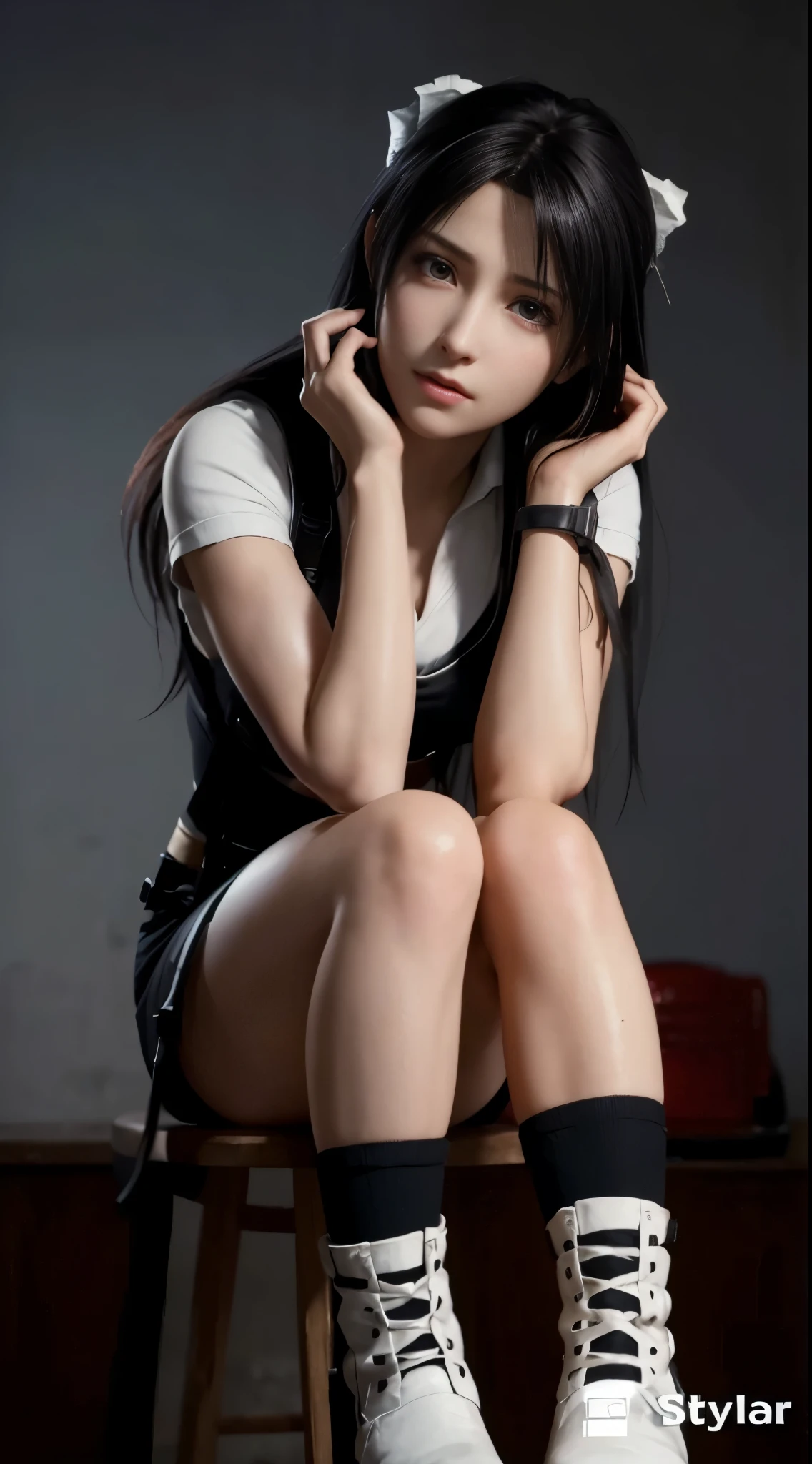(best quality,ultra-detailed),(Realistic:1.37),Tifa lockhart, pretty and detailed face, ultra realistic texture, delicate face, serious expression