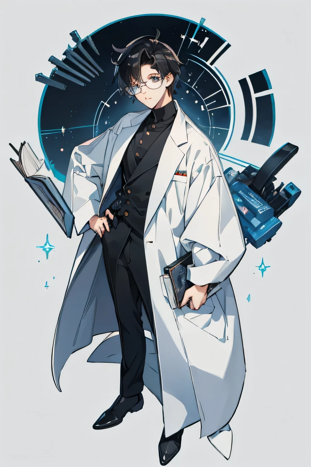 Anime style, semi realistic, futuristic street wear clothing, messy black haired young male, hair covers, happy expression, black eyes, glasses, scientist clothes, lab coat, Looking at viewer, High Resolution, 1boy, Simple background, Masterpiece, Accurate, Anatomically Correct, Best Quality, Art Deco, HD, High Details,