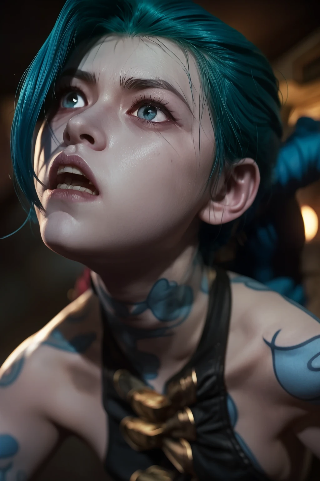 jinx league of legends, detailed , angry face, In dynamic pose, blue tattoo, skinny body. Dynamic Angle, best quality, masterpiece, UHD, 4K. 