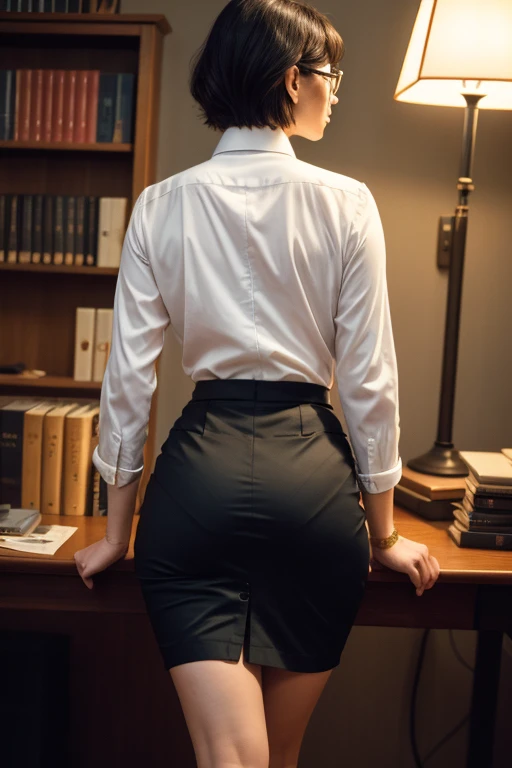 masutepiece, Beautuful Women, (Chloë Grace Moretz:Grace Kelly:0.5), (Fantasy Library Background), (Tight business shirt),(((Tight Long Suit Skirt))), (Stockings), Glasses, (medium breasts), Perfect body, Blonde hair, Shorthair, Legs, (Skin Texture:1.1), Best Quality, 超A high resolution, (Photorealistic: 1.4), Raw photo, , nikon d850 film stock photograph, F1.6 lens, Rich colors, Realistic, cinestill 800, Backlight, Rim lighting, Studio Lighting, Erotic Photography, Bend over the desk, from behind,A dark-haired,
