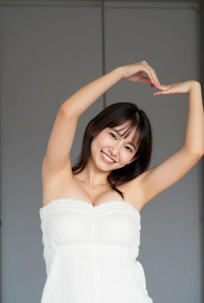 Only one woman with a cute smile wears cute, fluffy off-shoulder pajamas, makes a big heart shape with both hands, and poses them in front of her chest, View above collarbone、The background is a monotone 

